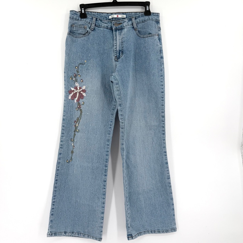 Vintage Y2K Embroidered Flower Denim Blue Jeans Wide Leg Straight Size 8 Petite